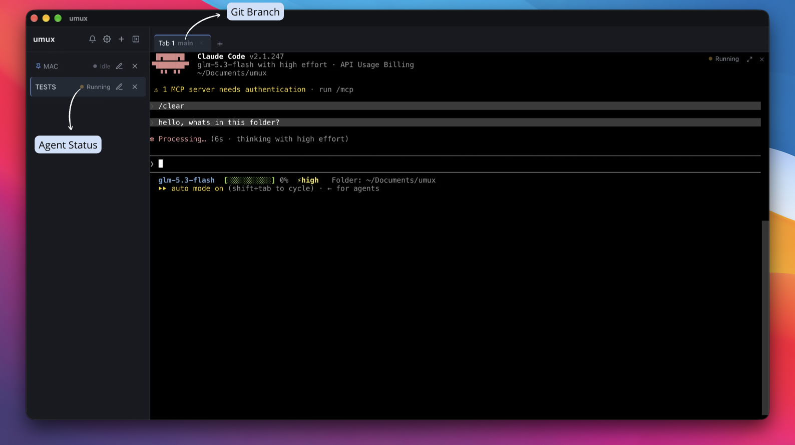 Agent status indicators in umux panels
