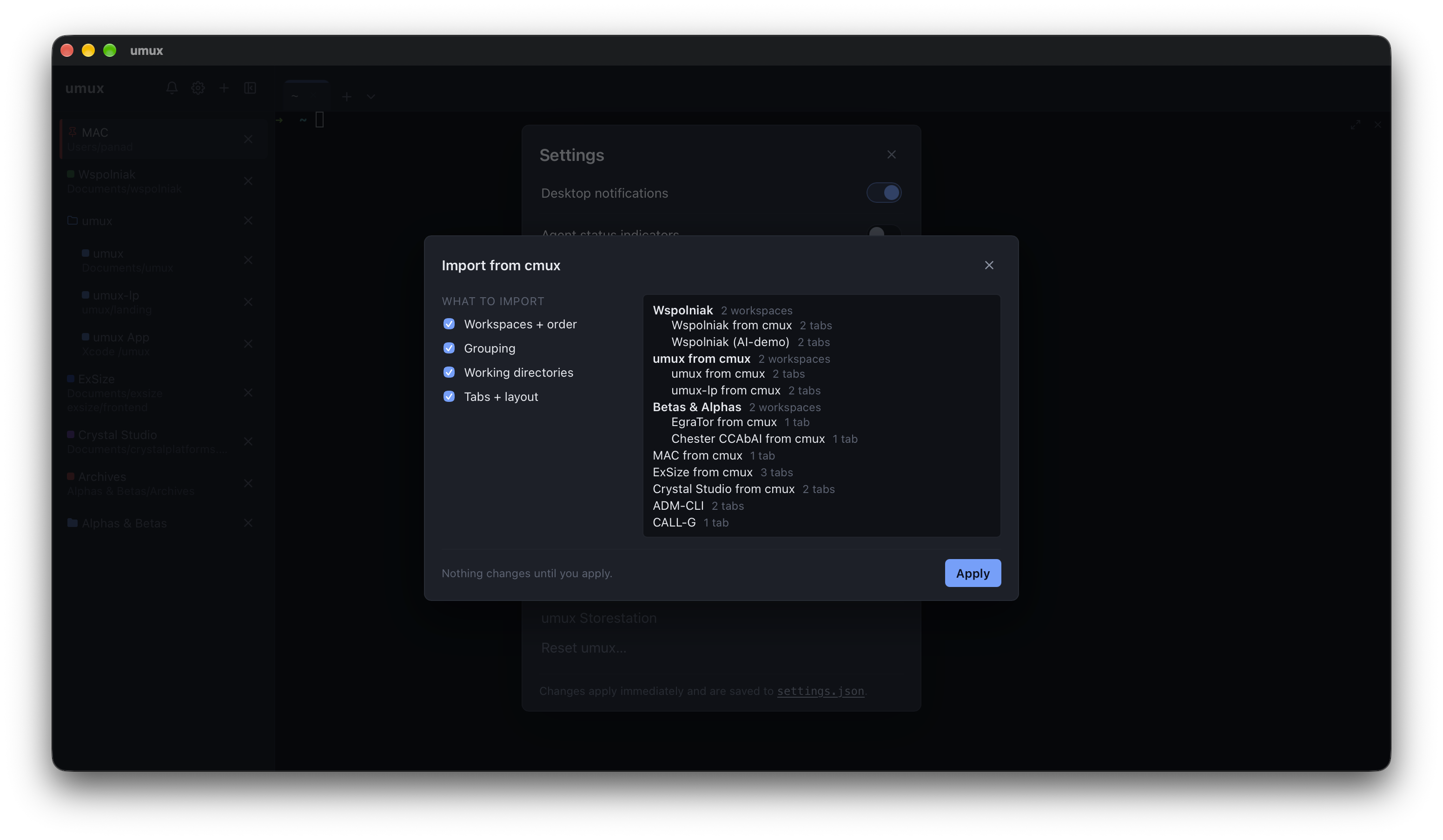 The in-app import-from-cmux wizard