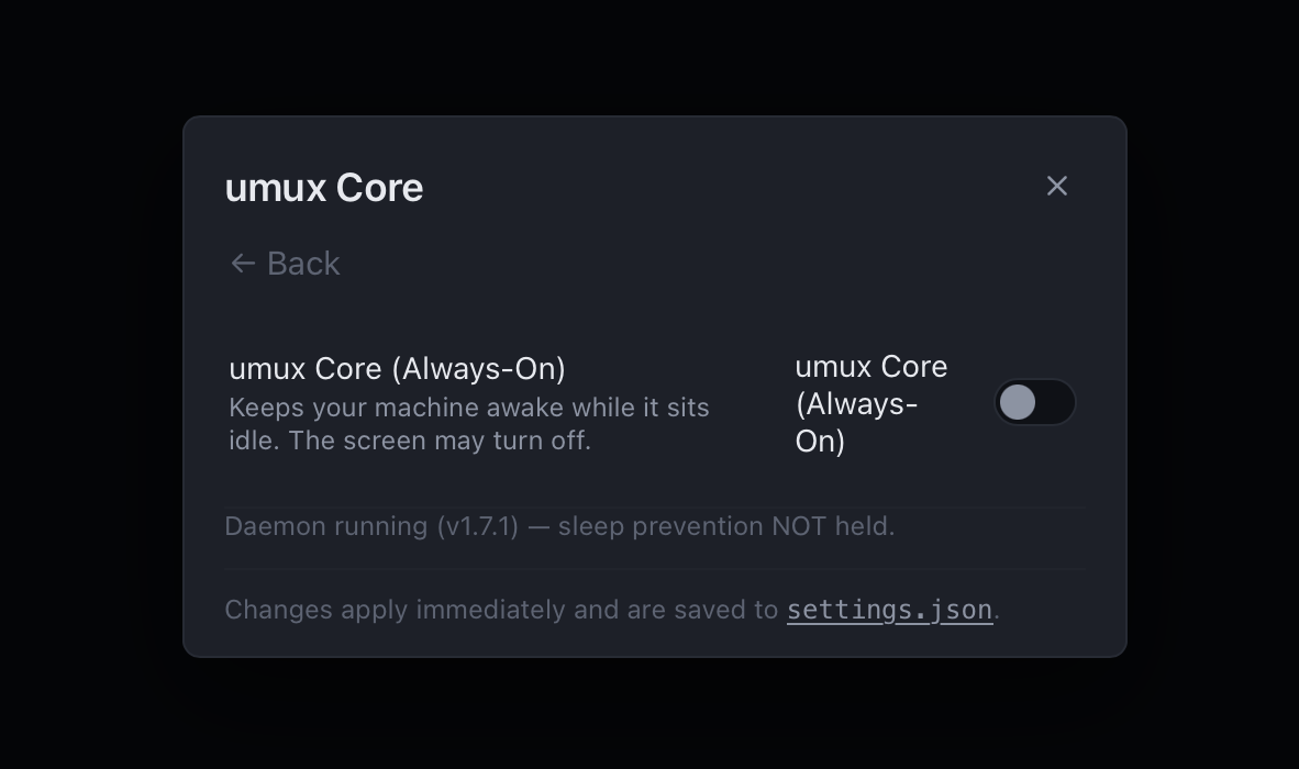 umux Core (Always-On device) switch in Settings