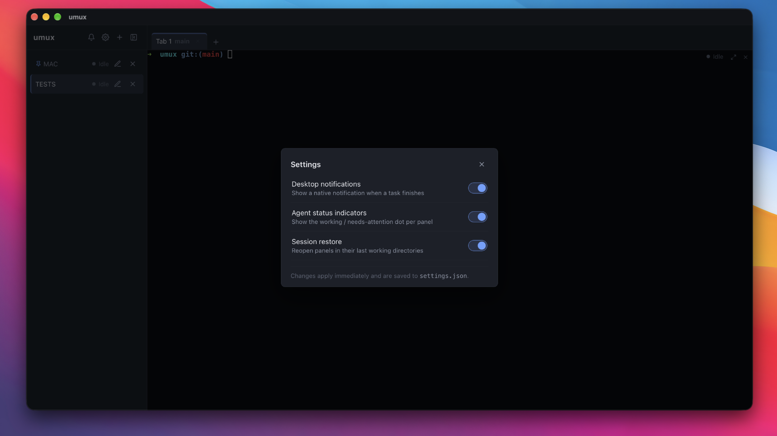 Restored umux session with workspaces and panels