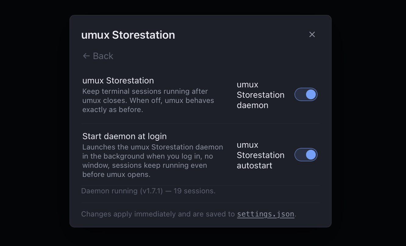 umux Storestation settings — the daemon switch and live status