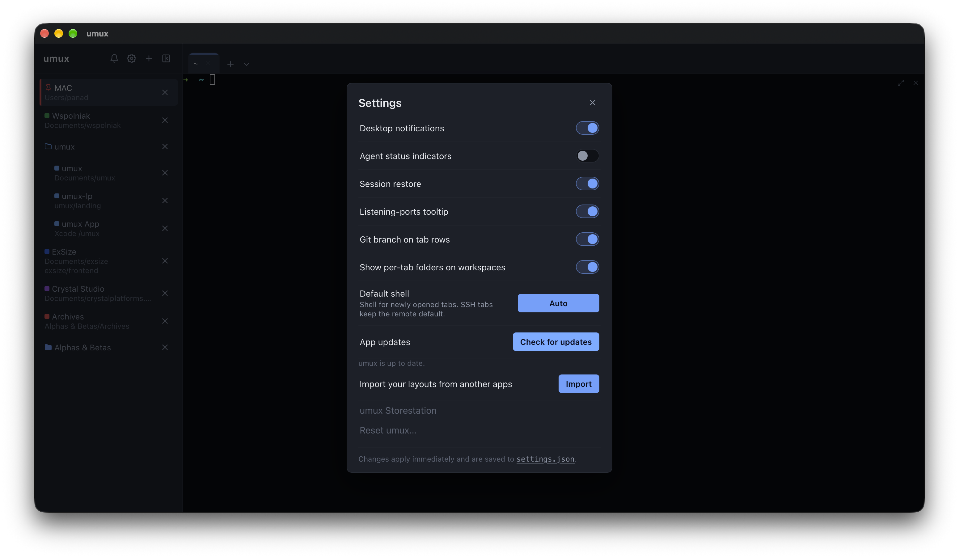 umux Settings — App updates section with the check-for-updates button